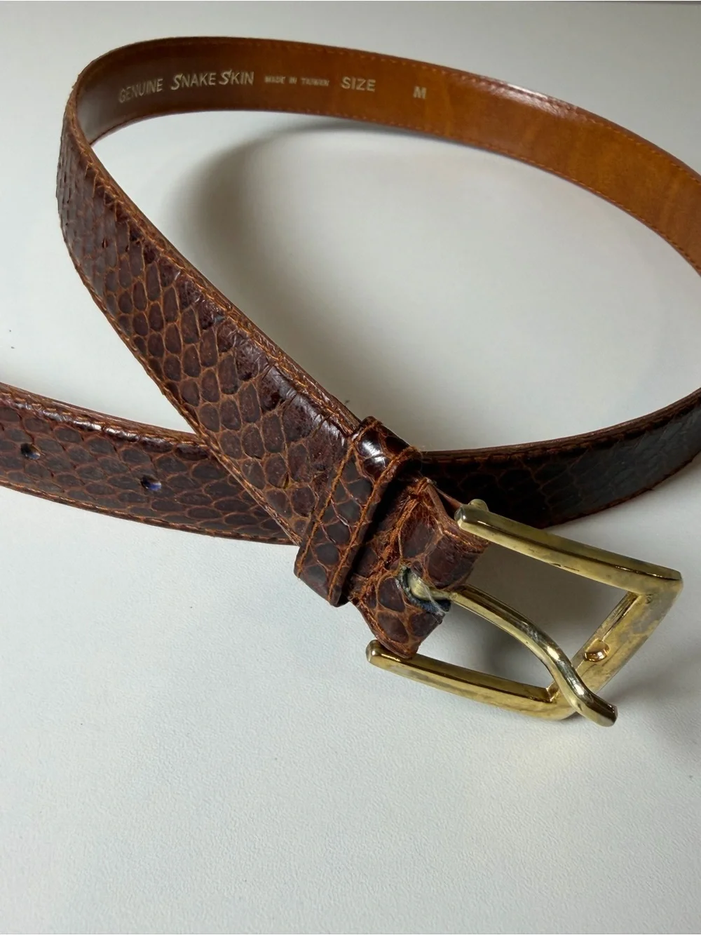Women’s Genuine Snake Skin Size Medium Brown Leather Belt with Gold Buckle